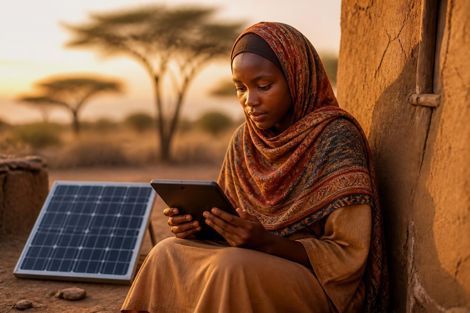 Displaced student studying with tablet and solar charger — bush school digital access in Anglophone crisis Cameroon schools and Boko Haram education response zones